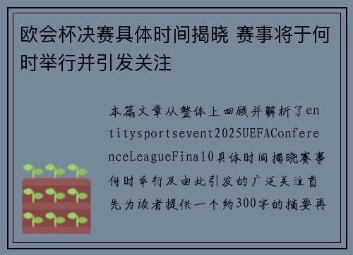 欧会杯决赛具体时间揭晓 赛事将于何时举行并引发关注