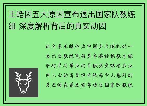 王皓因五大原因宣布退出国家队教练组 深度解析背后的真实动因